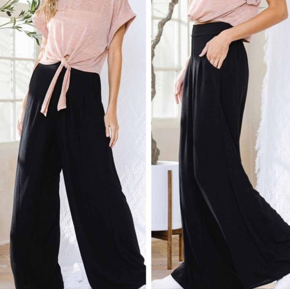 BRAND NEW! Fabulous Black Boho Wide Leg Solid Pleated Pants - Picture 11 of 11